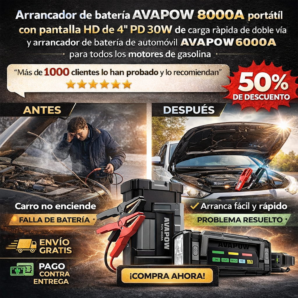 Arrancador de batería AVAPOW 8000A portátil con pantalla HD de 4" PD 30W de carga rápida de doble vía para todos los motores de gasolina