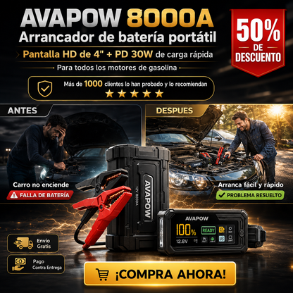 Arrancador de batería AVAPOW 8000A portátil con pantalla HD de 4" PD 30W de carga rápida de doble vía para todos los motores de gasolina