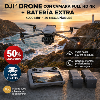 DJI® Drone con Camara Full Hd 4k + BATERIA EXTRA, 4000 MhP, 36 megapixeles. Vuela hasta 550 mt de altura consigue tomas profesionales sin pagar de más