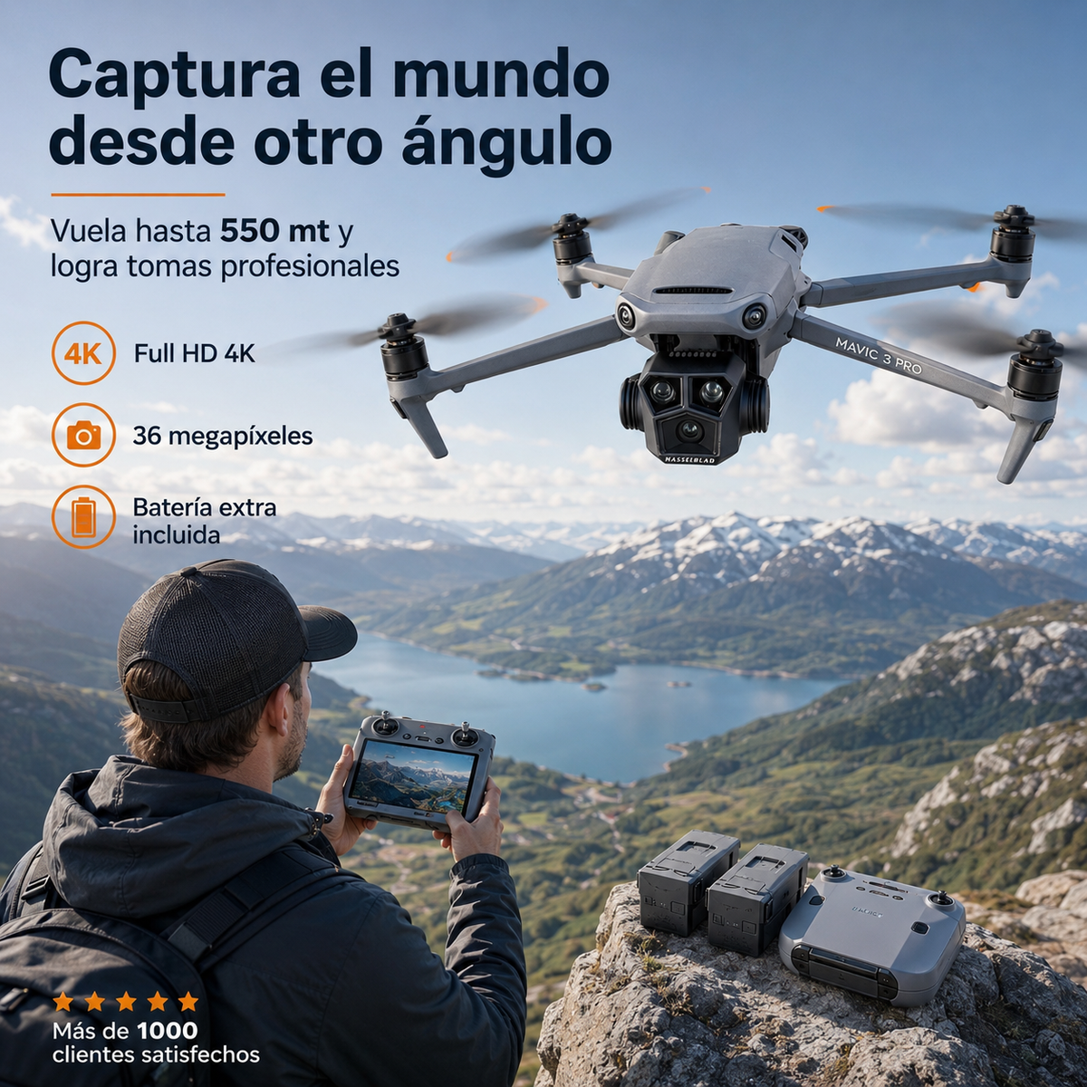 DJI® Drone con Camara Full Hd 4k + BATERIA EXTRA, 4000 MhP, 36 megapixeles. Vuela hasta 550 mt de altura consigue tomas profesionales sin pagar de más