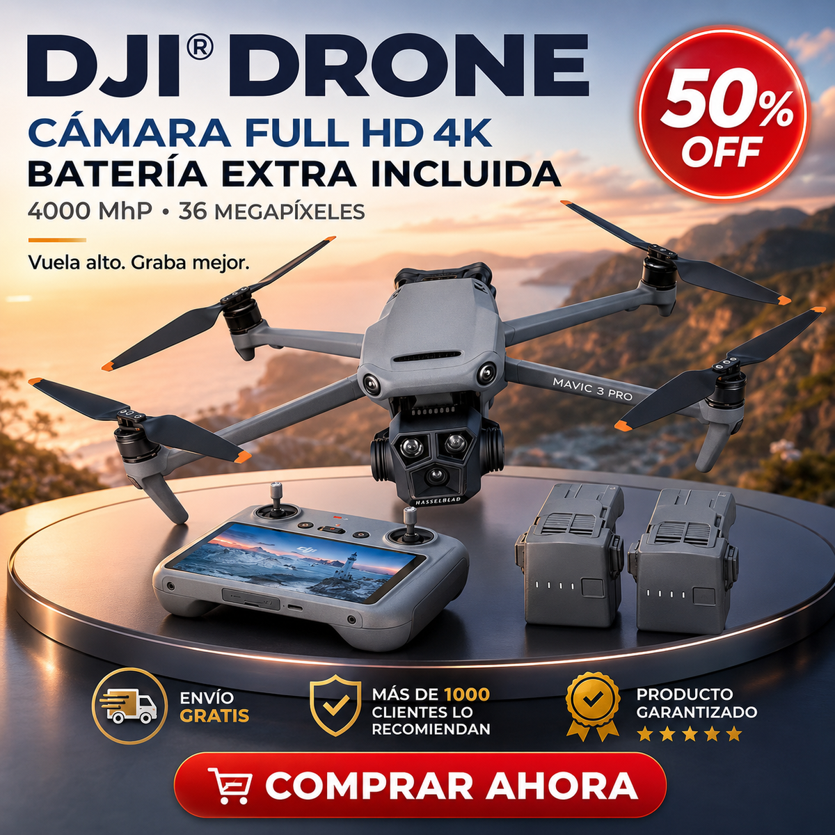 DJI® Drone con Camara Full Hd 4k + BATERIA EXTRA, 4000 MhP, 36 megapixeles. Vuela hasta 550 mt de altura consigue tomas profesionales sin pagar de más