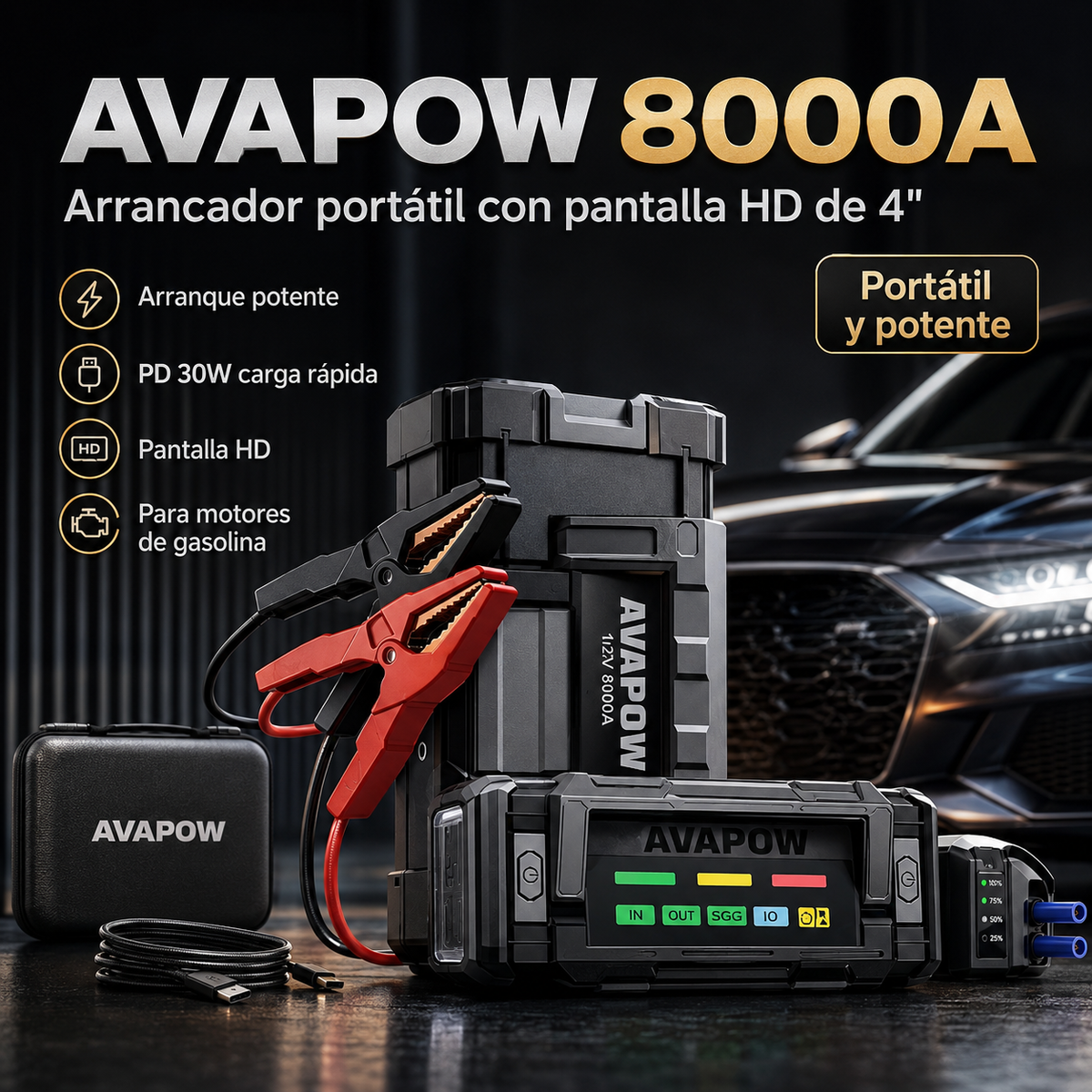 Arrancador de batería AVAPOW 8000A portátil con pantalla HD de 4" PD 30W de carga rápida de doble vía para todos los motores de gasolina
