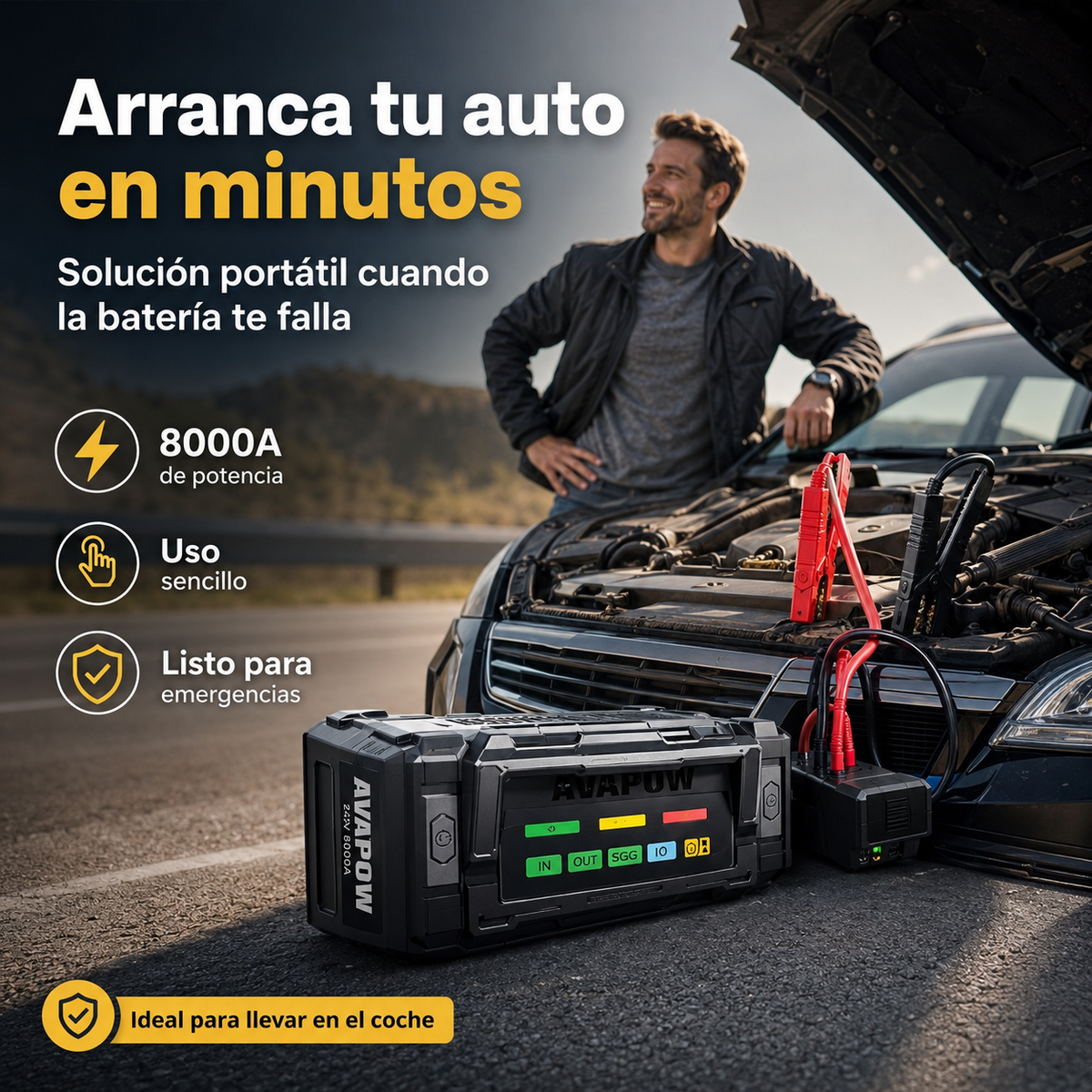 Arrancador de batería AVAPOW 8000A portátil con pantalla HD de 4" PD 30W de carga rápida de doble vía para todos los motores de gasolina