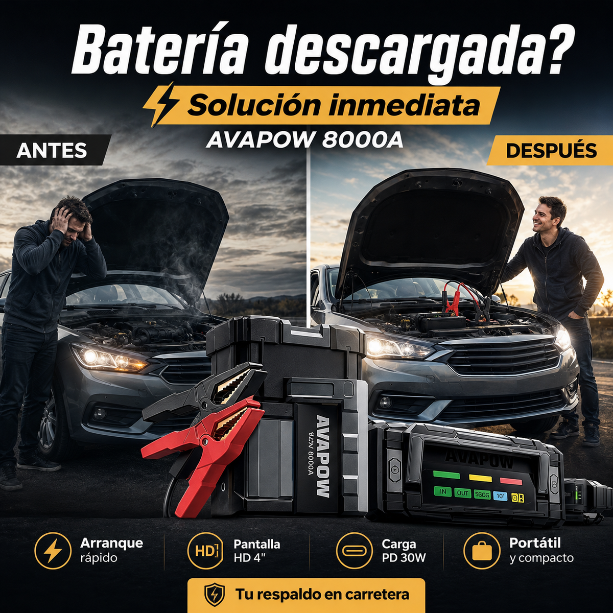 Arrancador de batería AVAPOW 8000A portátil con pantalla HD de 4" PD 30W de carga rápida de doble vía para todos los motores de gasolina