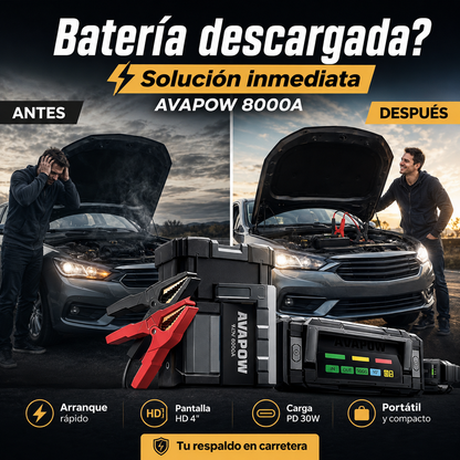 Arrancador de batería AVAPOW 8000A portátil con pantalla HD de 4" PD 30W de carga rápida de doble vía para todos los motores de gasolina