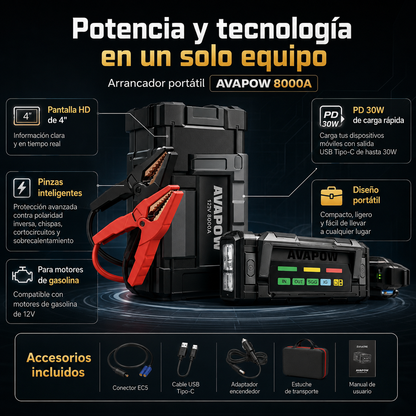 Arrancador de batería AVAPOW 8000A portátil con pantalla HD de 4" PD 30W de carga rápida de doble vía para todos los motores de gasolina