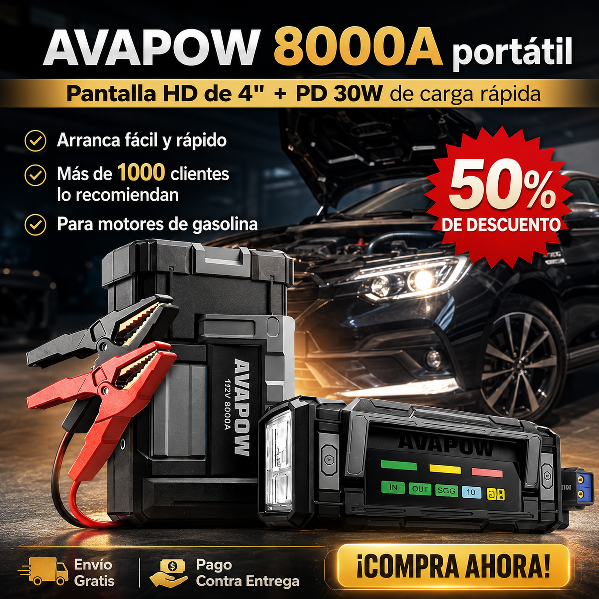 Arrancador de batería AVAPOW 8000A portátil con pantalla HD de 4" PD 30W de carga rápida de doble vía para todos los motores de gasolina