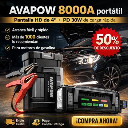 Arrancador de batería AVAPOW 8000A portátil con pantalla HD de 4" PD 30W de carga rápida de doble vía para todos los motores de gasolina